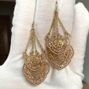 Ornate Gold Tone Dangle Earrings Blush Pink Beads Articulated Wedding Prom